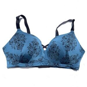 Torrid 360 Back Smoothing Wire Free Push Up Plunge Bra 40DD Blue Black Skull